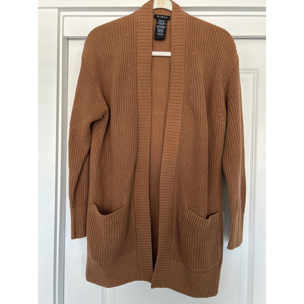 Max & Mia Womens Camel Brown 100% Cotton Shaker Knit Open Front Granny Cardigan